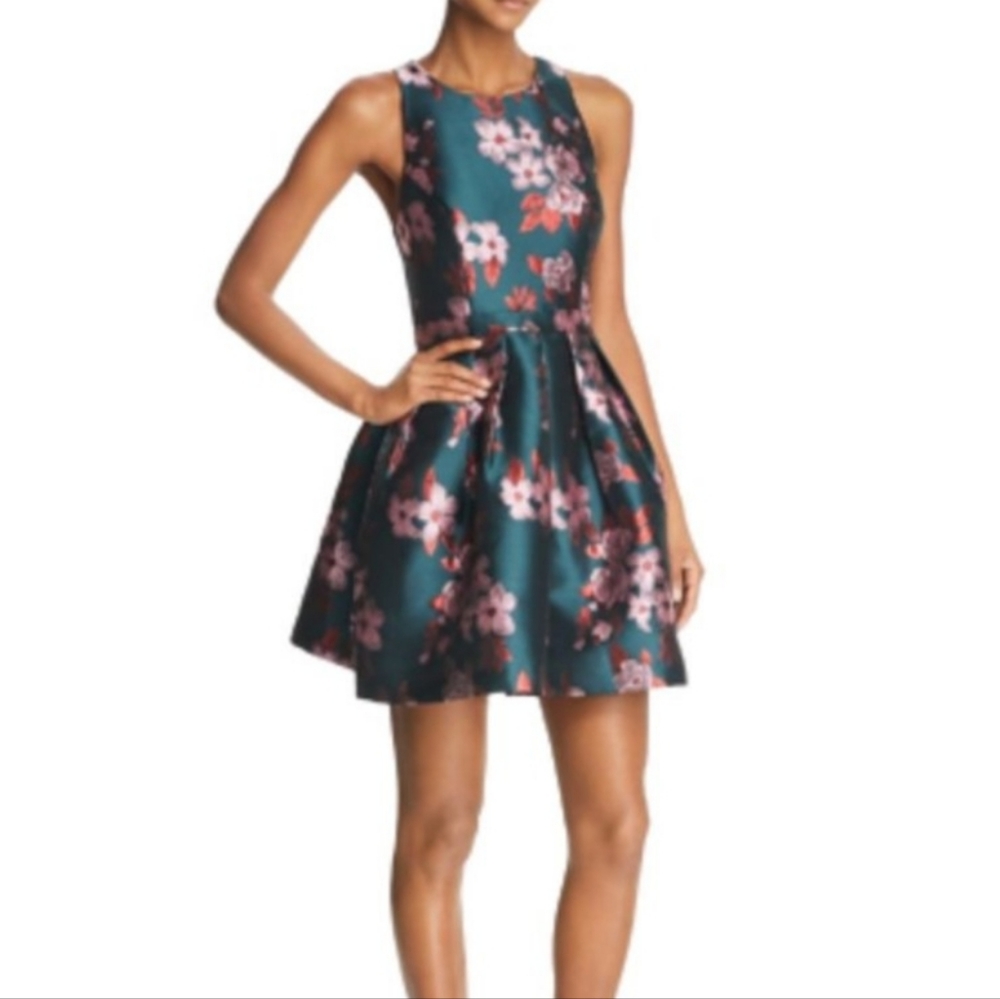 Aidan by Aidan Mattox Green Pink Metallic Jacquard Fit & Flare Mini Dress size 4